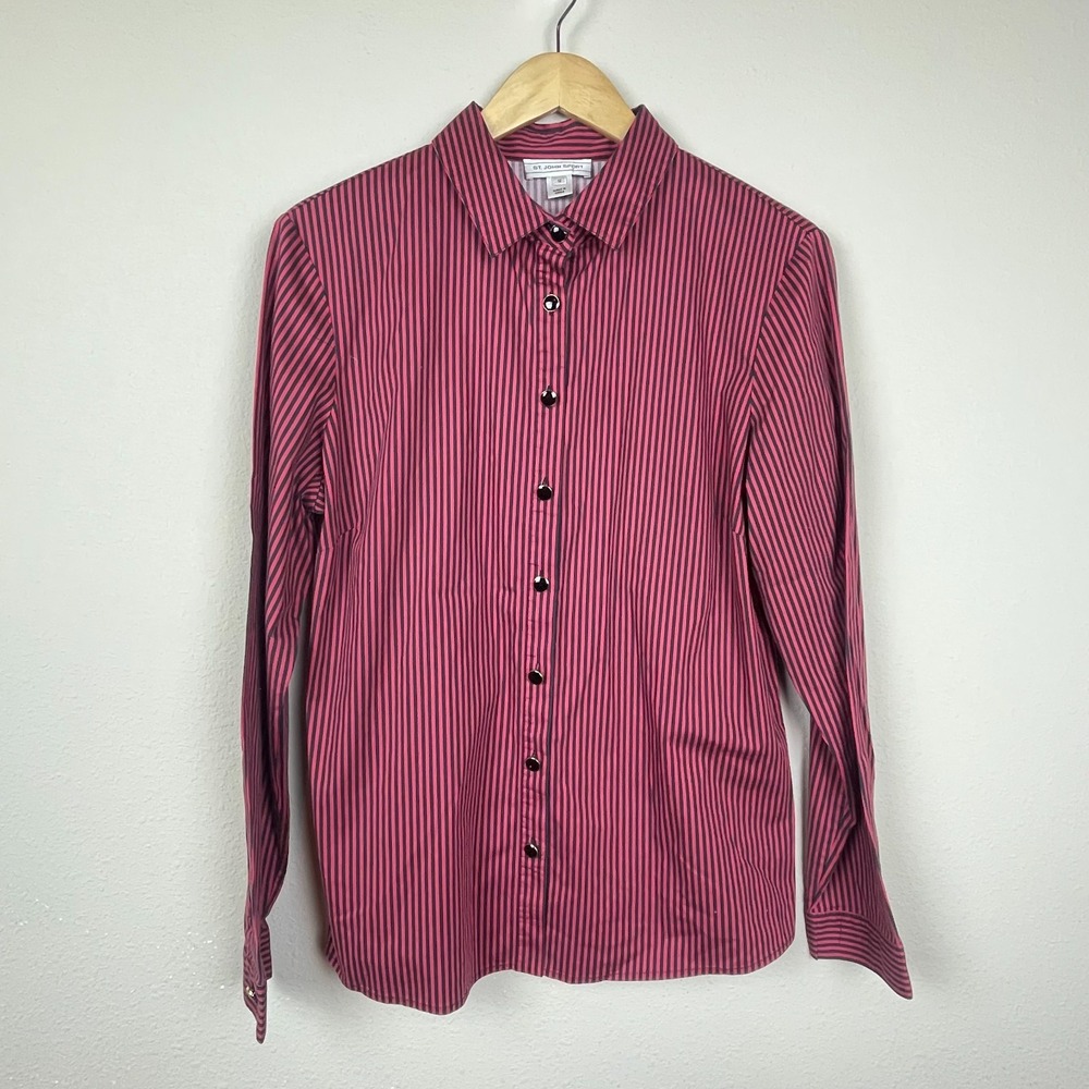 St. John Sport Button Up Shirt L Red Blue Striped Cotton Spandex Old Money Class
